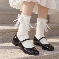 AI standing outfit illustration of White heart-pointelle socks with fine horizontal bands and layered white mesh-and-ribbon bows above black Mary Janes