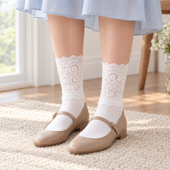 AI styling illustration of White scroll-lace socks with opaque lower sections, tan Mary Janes and a pale blue skirt beside a window.