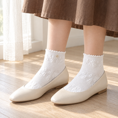 AI styling illustration of White daisy socks with cream flats and a coffee-brown skirt beside a window, showing their textured bands and scalloped rims.