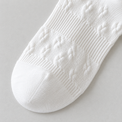 AI close product illustration of the plain White toe and nearby raised diagonal texture and fine ribs on the sock's front.