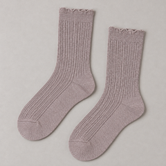 AI overhead product illustration of an empty Heather Taupe matching pair with fine vertical ribs, wavy openings, plain rounded toes and shaped heel profiles.