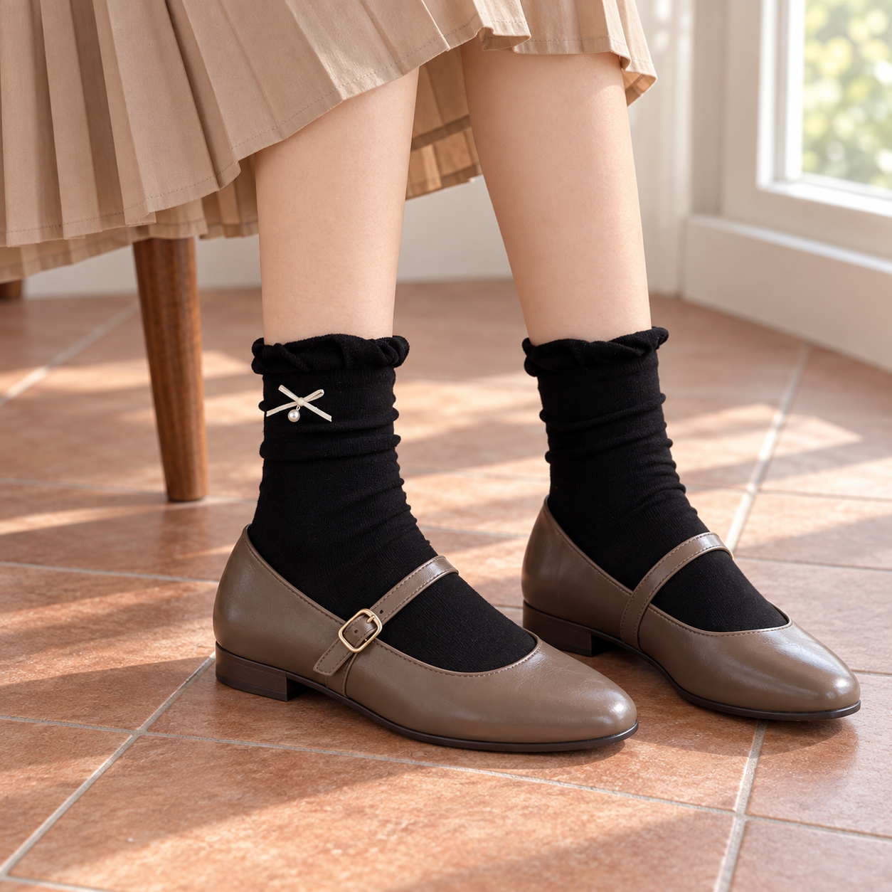 AI styling illustration of Black ruffle-cuff socks with a narrow white bow and single pearl-style drop, worn with taupe Mary Janes on terracotta tiles.