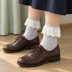 AI window-side styling illustration of Light Blue eyelet-flounce socks with brown oxford shoes and a navy skirt.