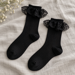 AI editorial illustration of Matching Black footed ribbed sock pair with rounded toes, shaped heels and single Black lace flounces on gray linen.