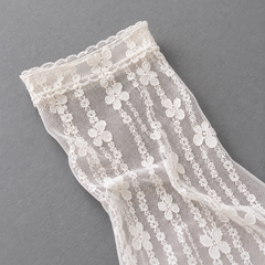AI editorial illustration of Narrow cuff and vertical flower-chain mesh of an empty White sock on gray paper.