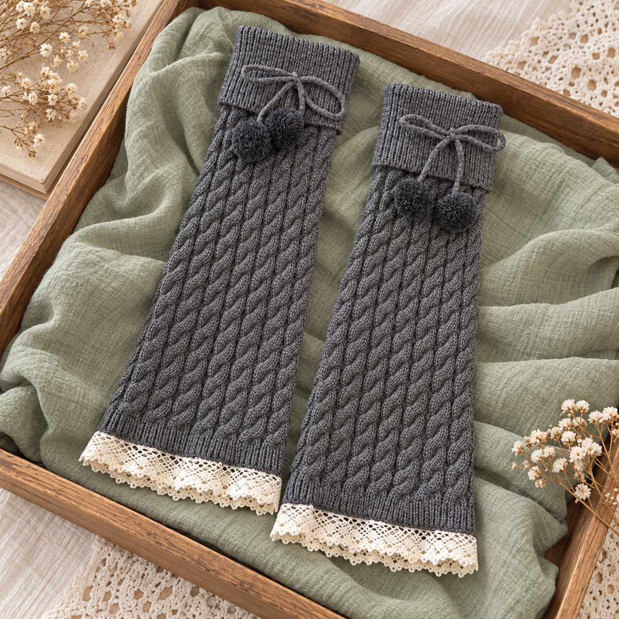AI product illustration of a soft empty Dark Gray cable-knit leg warmer pair with foldover cuffs, yarn pompoms and cream lower lace on sage cloth.