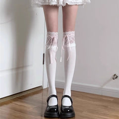 White long lace-cuff socks with pink ribbon detail