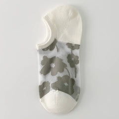 Blue Grey large-flower sheer liner sock with a white opening, toe and heel, shown as a single color sample