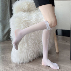 White linked-heart mesh socks shown worn from the side, with narrow lace cuffs