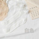 Pair of White sheer socks with open looped floral trim around the cuffs