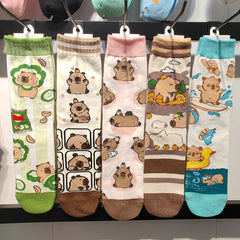 Five capybara sock designs displayed separately on hangers, with green, brown, pink and blue cuffs; style reference for one-pair orders