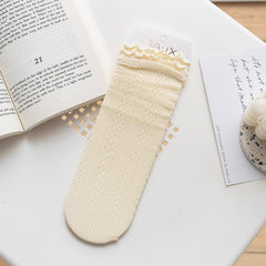Cream Yellow openwork socks with rippled cuff edges