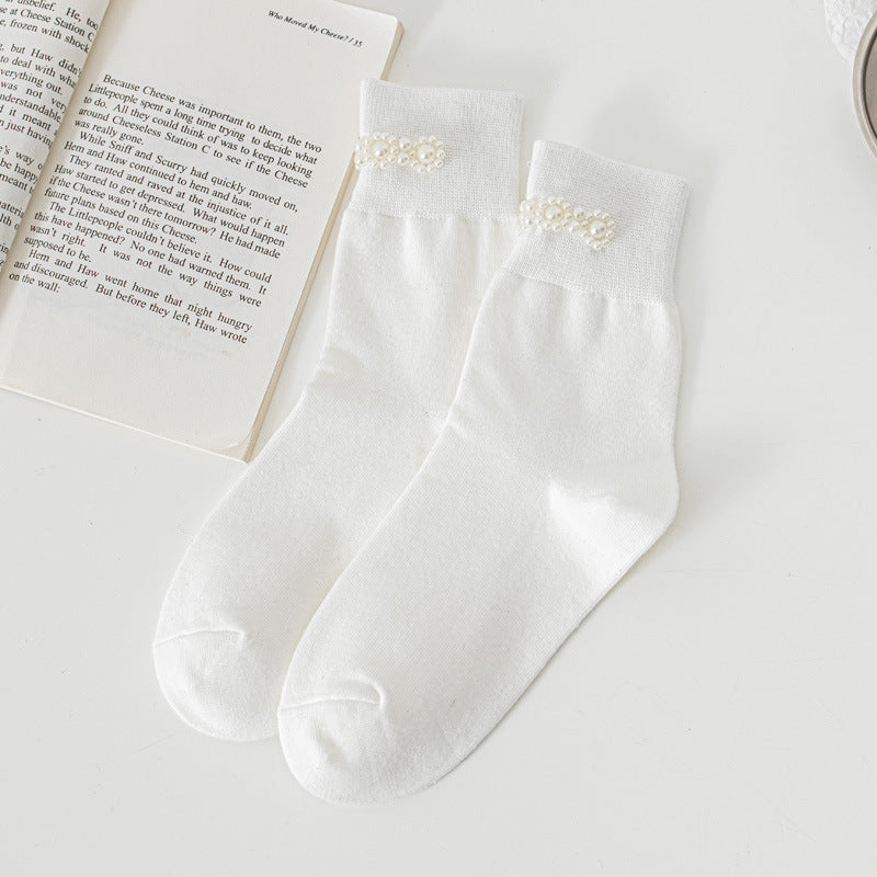 White Pearl Style Flowers socks with flower-shaped bead decorations near the cuffs