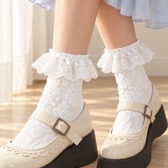AI-assisted closer styling view of White raised flower-and-leaf sock texture and gathered lace flounces