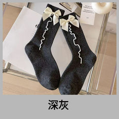 Dark Gray with Cream Bow wave-trim crew socks, sold as one selected pair