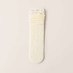 An Ivory rose lace sock displayed flat, showing horizontal openwork bands and a scalloped edge