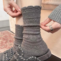 Gray crew socks showing scalloped edging, ribbed upper bands and horizontal knit sections