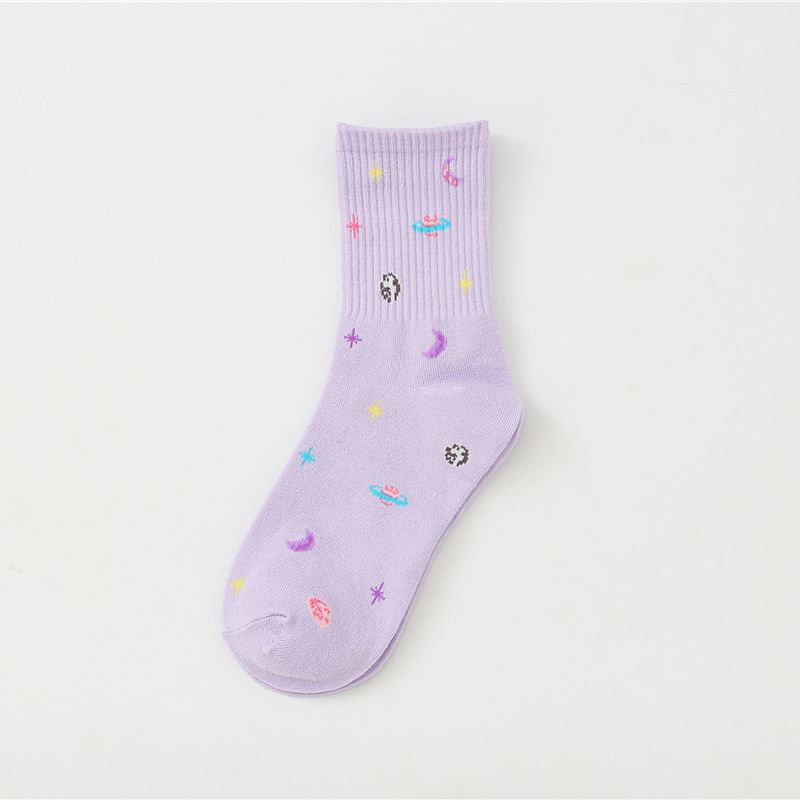 Light Purple crew sock with colorful planets, crescent moons and stars