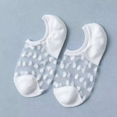 Pair of White sheer liner socks with small heart-like motifs and denser white toes and heels