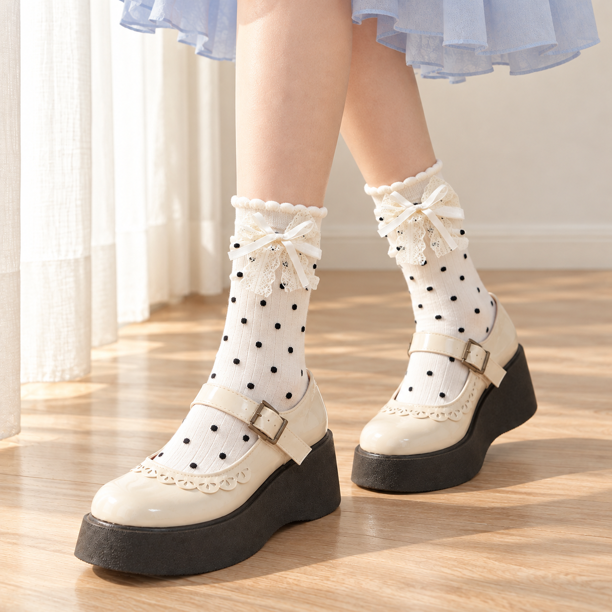 AI styling illustration of White black-dot socks with layered white lace-and-ribbon bows and Mary Jane shoes