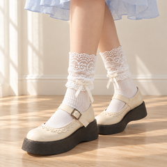 AI-assisted supported three-quarter view of Milky White ribbed socks with scrolling lace cuffs and ribbon tails