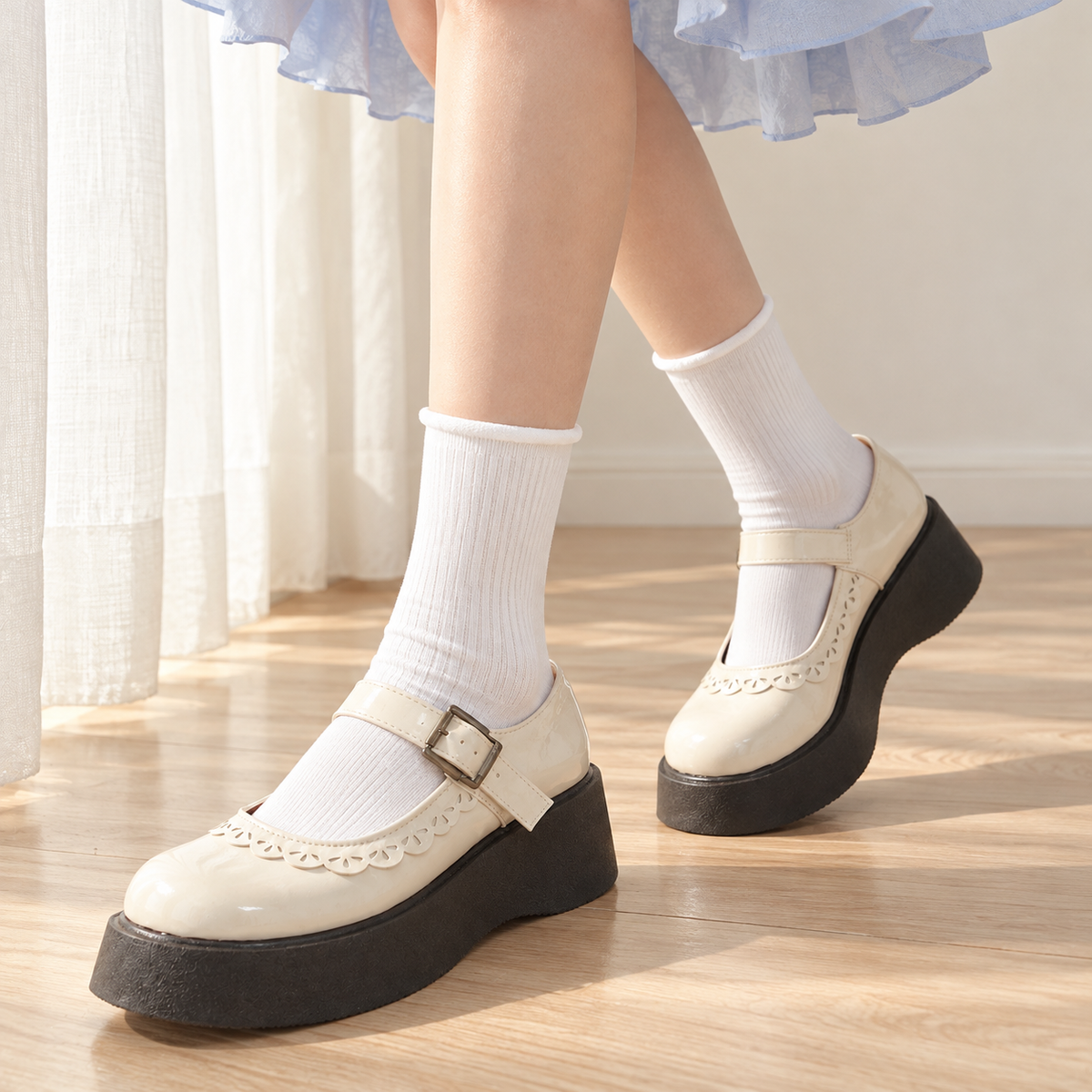 AI-assisted styling image of white fine-rib roll-top socks with cream Mary Jane shoes