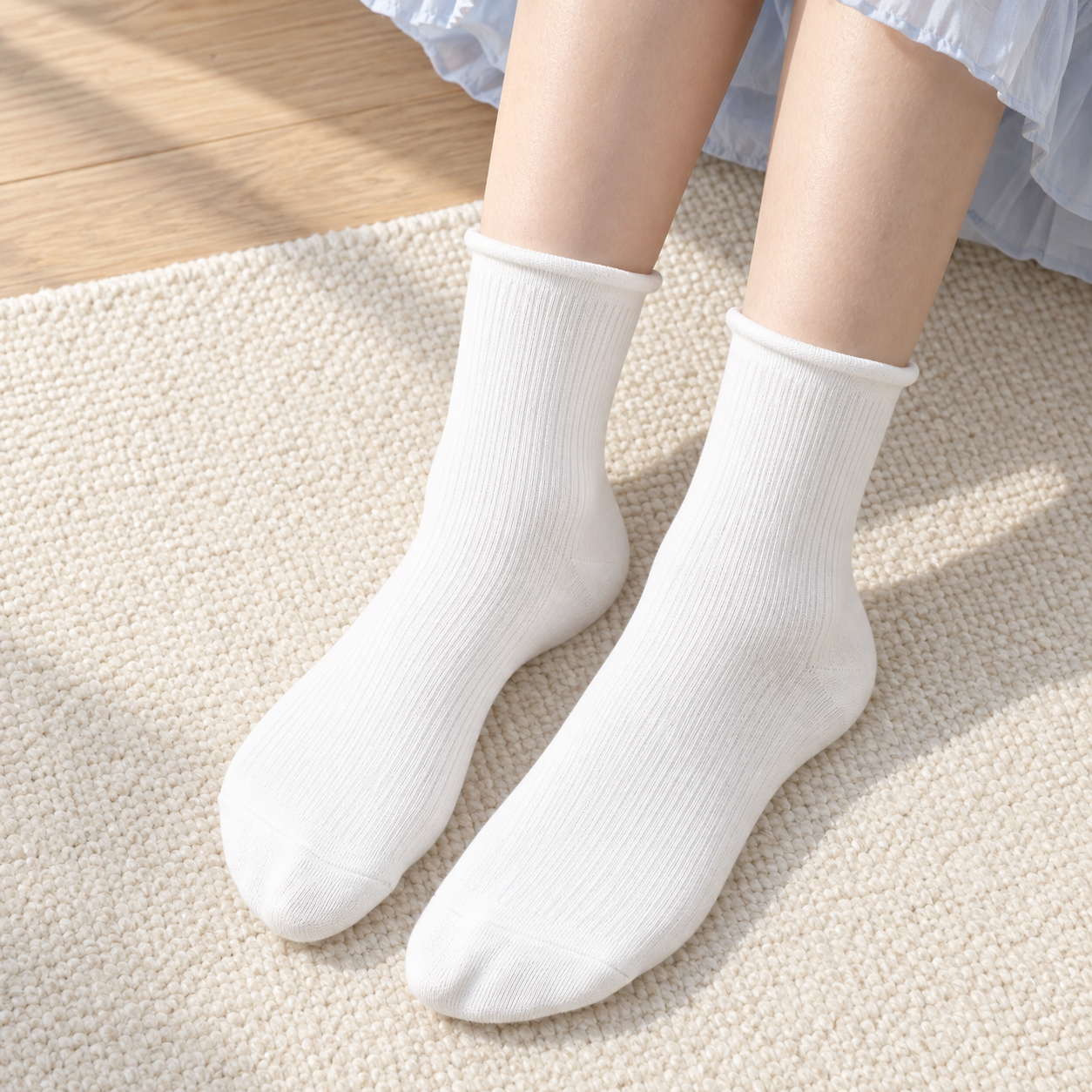 AI-assisted unshod view of white fine-rib roll-top socks