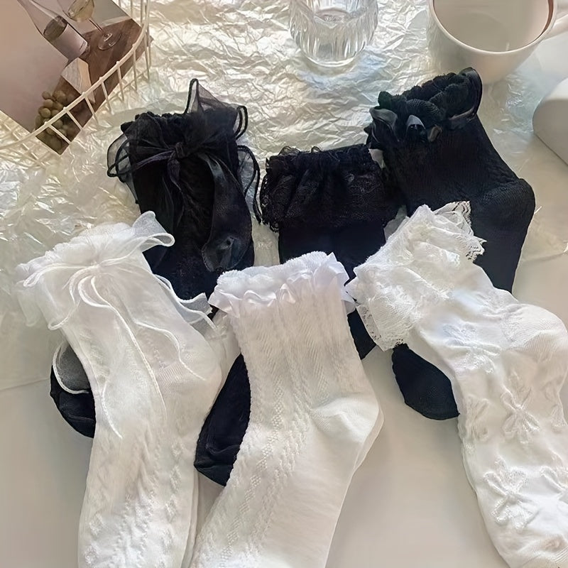 6 Pairs of Whimsical Bow Ruffled Lace Trim Mid Tube Socks - Women's Japanese Style Stockings & Hosiery with Sweet Details - Perfect for Casual Wear, Gift Idea, and Year-Round Fashion