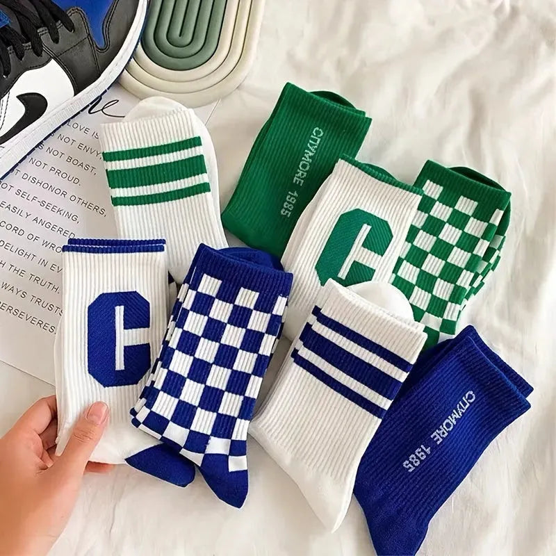 10 Pairs Of Mixed-color Klein Blue Checkerboard Student Sports Socks For Couples, Long Socks For Men And Women, Mid-calf Socks, Long-tube Running Socks, Versatile Casual Socks, Crew Socks, Youth Socks - KawaSocks