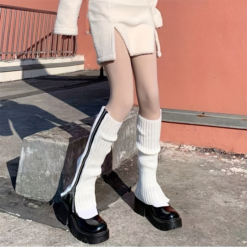 Y2K-Inspired Zip-Up Knit Leg Warmers - Cozy Acrylic, Solid Color, Perfect for Fall/Winter Fashion