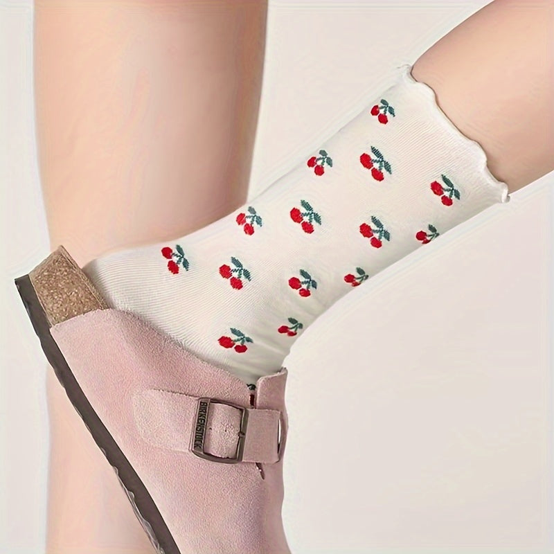 4 Pairs of Four Seasons Women's Mid-Calf Socks with Cherry Print Autumn Mid-Calf Socks in Ballet Style Sweet Girl Style Women's Socks