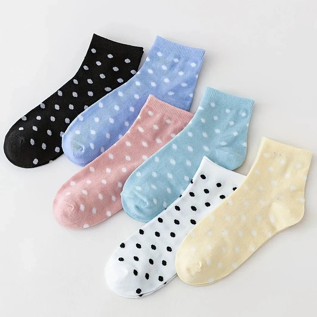 6 Pairs of Soft & Lightweight Polka Dot Crew Short Socks for Women - Comfortable Stockings & Hosiery - KawaSocks