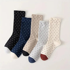 5 Pairs Womens Trendy Polka Dot Mid-calf Socks Crew Casual Cotton Cute Socks Fun Novelty Thin Dress Socks For Girls Gifts Outdoor Sports Deodorant Comfortable And Breathable - KawaSocks