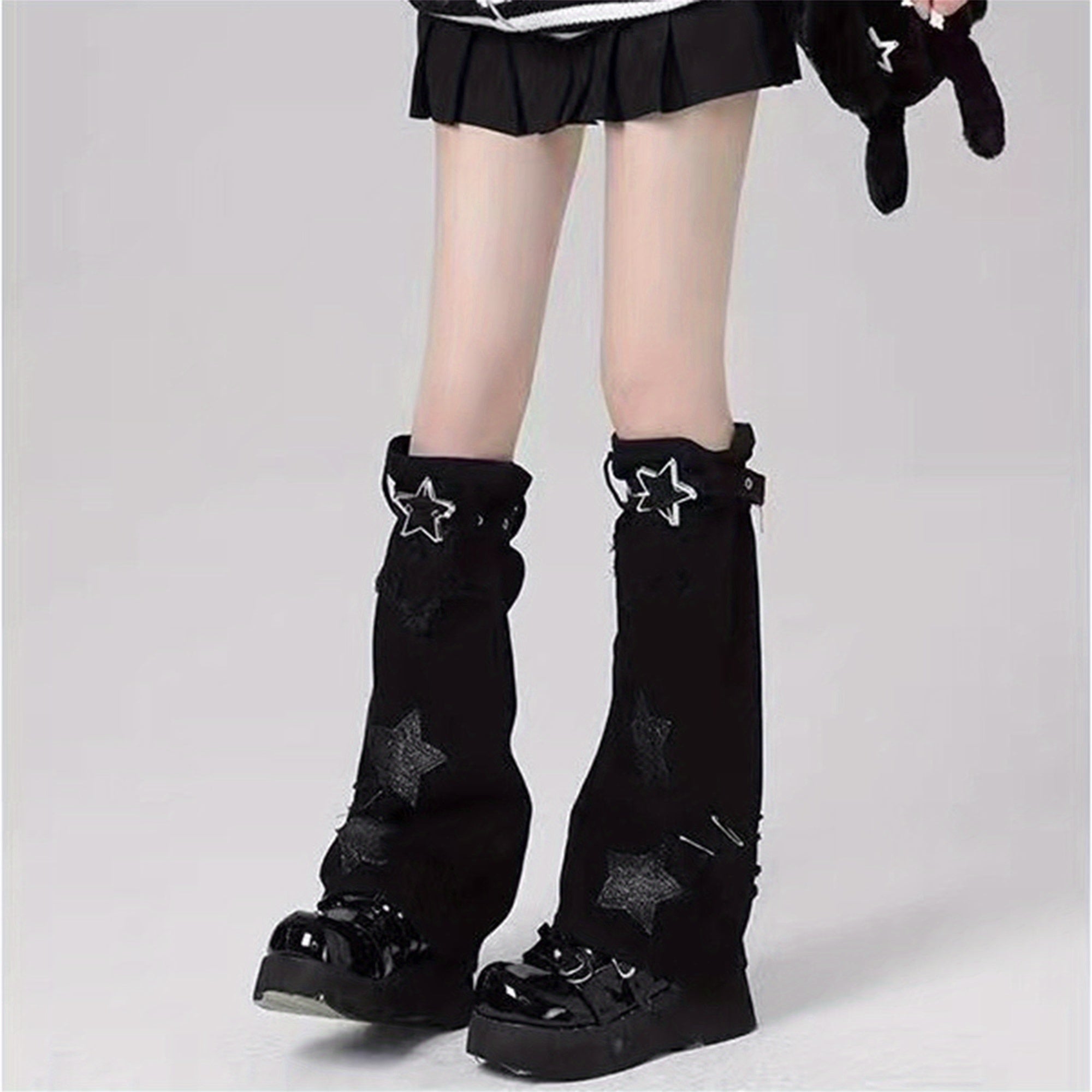 Women's Fashion Flared Knee-High Socks with Five-Pointed Star Patch, Knitted Polyester Leg Warmers for Themed Party