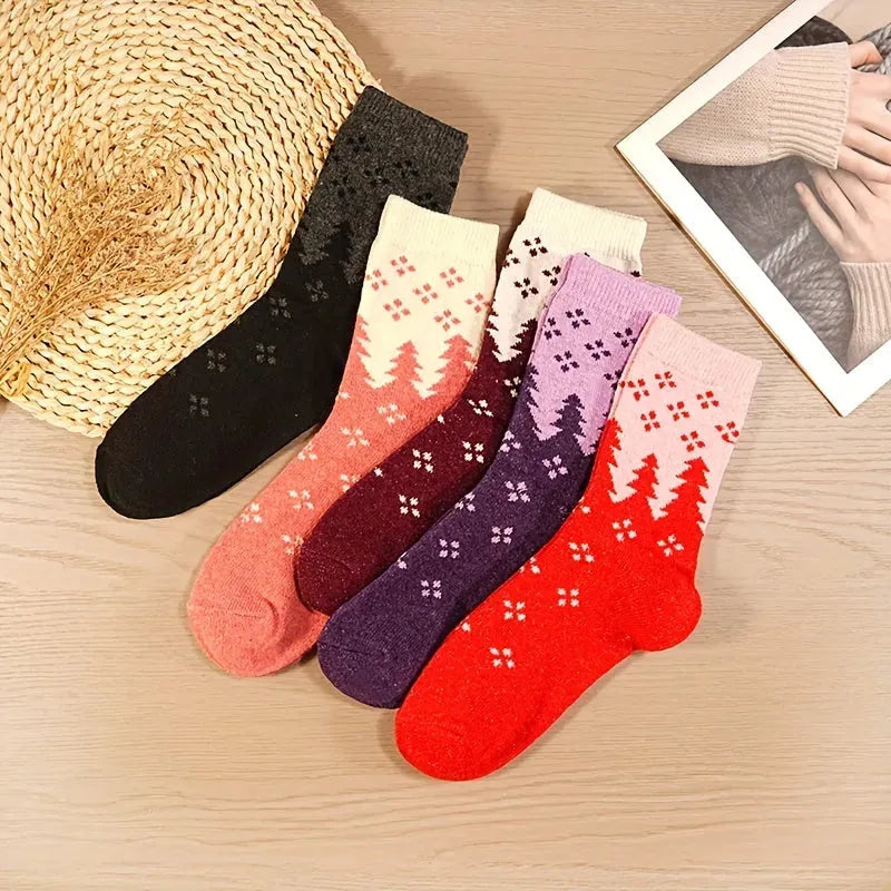 Women's Polyester Crew Socks 5 Pairs - Vintage Polka Dot & Tree Pattern, Comfortable Knit Fabric, Stretchy Warm Mid-Calf Length Socks with Moisture-Wicking for Autumn and Winter - KawaSocks