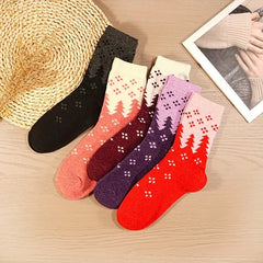 Women's Polyester Crew Socks 5 Pairs - Vintage Polka Dot & Tree Pattern, Comfortable Knit Fabric, Stretchy Warm Mid-Calf Length Socks with Moisture-Wicking for Autumn and Winter - KawaSocks