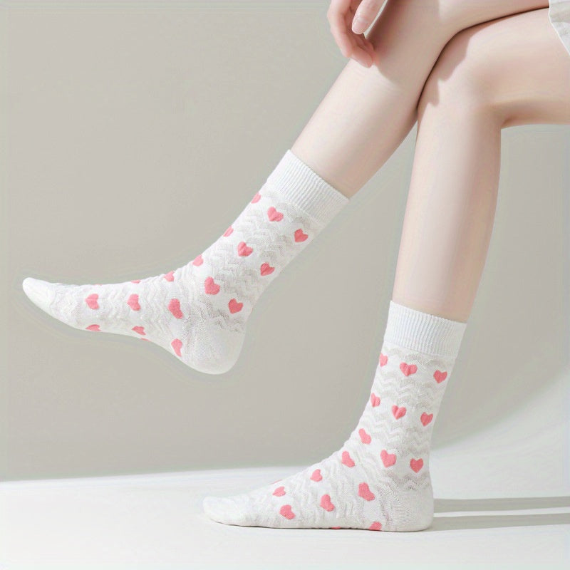 5 Pairs Of Women'S Summer Thin Long Socks, Sweet Three-dimensional Love Jacquard Ins Trendy Socks, High Socks