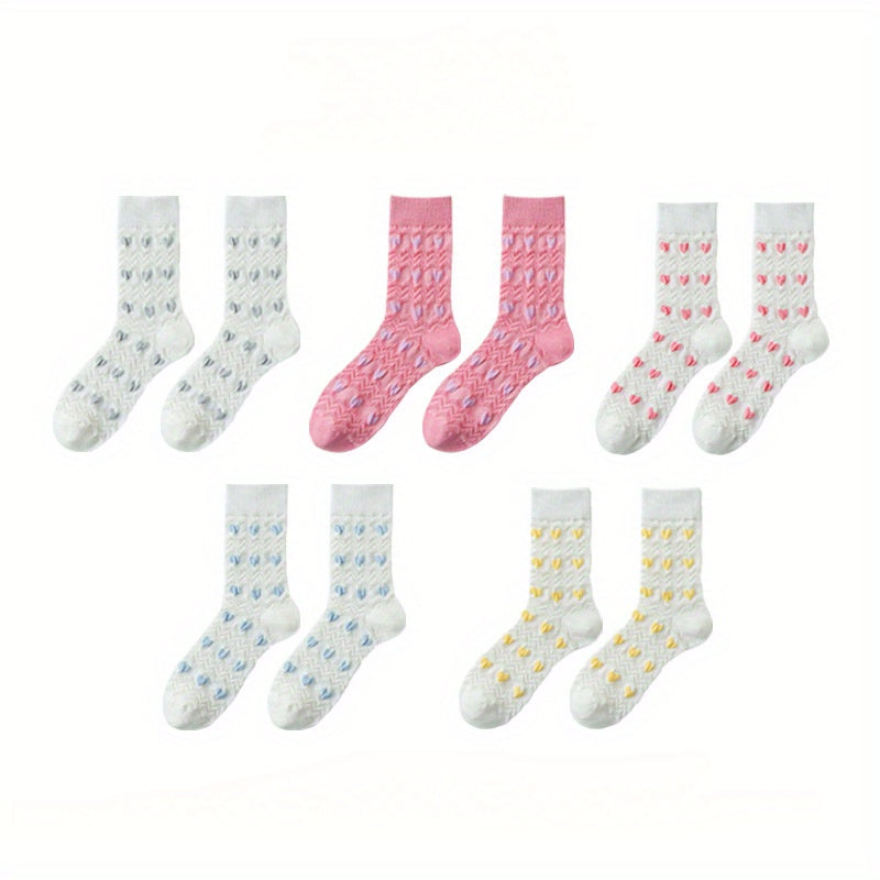 5 Pairs Of Women'S Summer Thin Long Socks, Sweet Three-dimensional Love Jacquard Ins Trendy Socks, High Socks