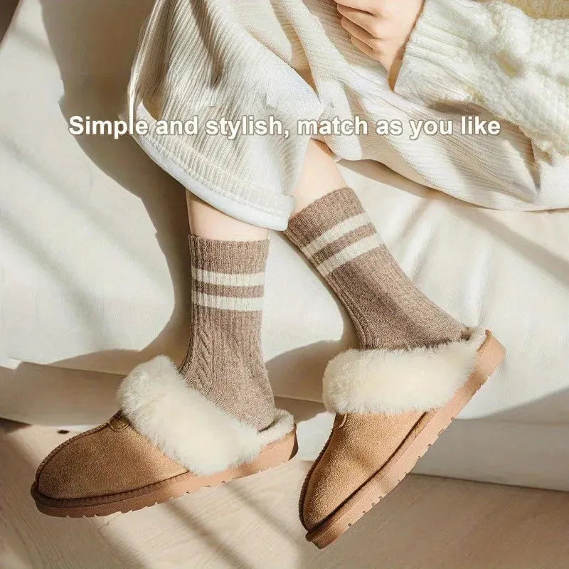 5 Pairs High Quality Fashion Vintage Double Striped Women's Vintage Style Thick Warm Winter Mid-Tube Crew Socks - KawaSocks