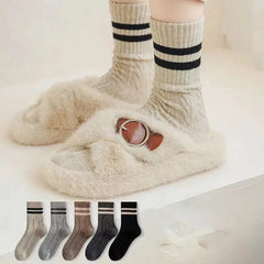 5 Pairs High Quality Fashion Vintage Double Striped Women's Vintage Style Thick Warm Winter Mid-Tube Crew Socks - KawaSocks