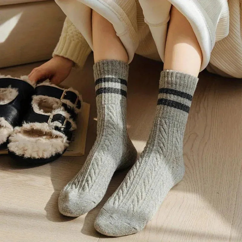 5 Pairs High Quality Fashion Vintage Double Striped Women's Vintage Style Thick Warm Winter Mid-Tube Crew Socks - KawaSocks