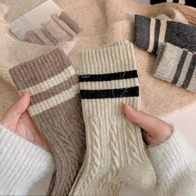 5 Pairs High Quality Fashion Vintage Double Striped Women's Vintage Style Thick Warm Winter Mid-Tube Crew Socks - KawaSocks