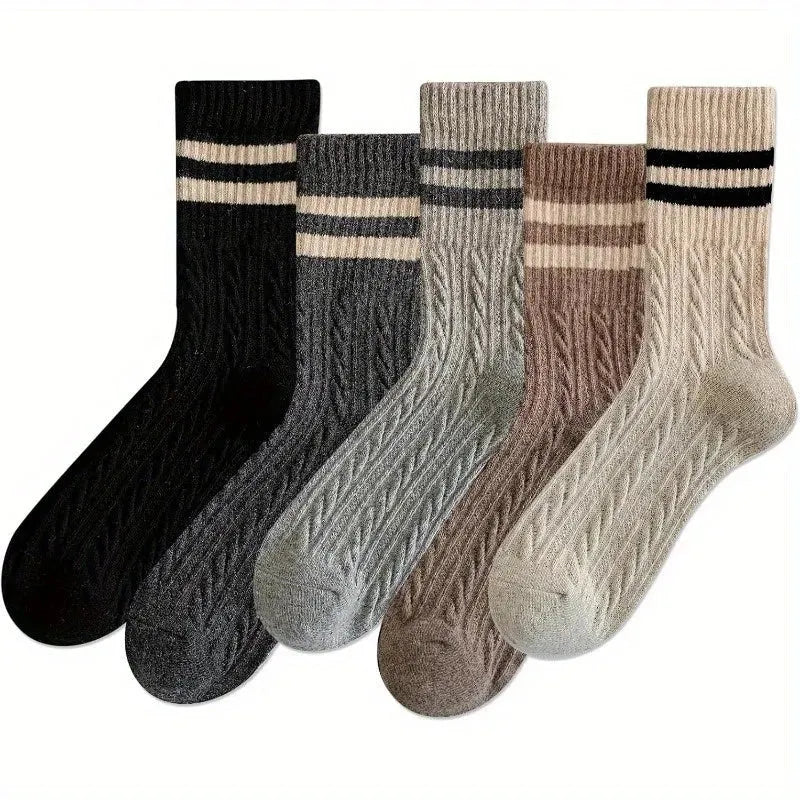 5 Pairs High Quality Fashion Vintage Double Striped Women's Vintage Style Thick Warm Winter Mid-Tube Crew Socks - KawaSocks