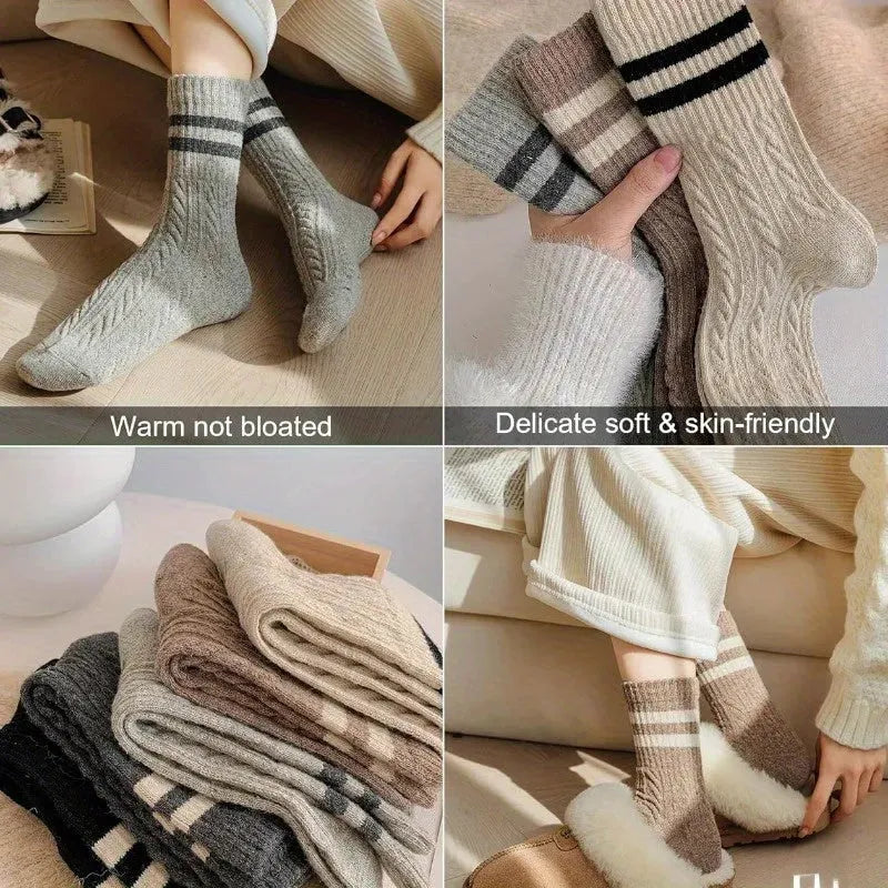 5 Pairs High Quality Fashion Vintage Double Striped Women's Vintage Style Thick Warm Winter Mid-Tube Crew Socks - KawaSocks