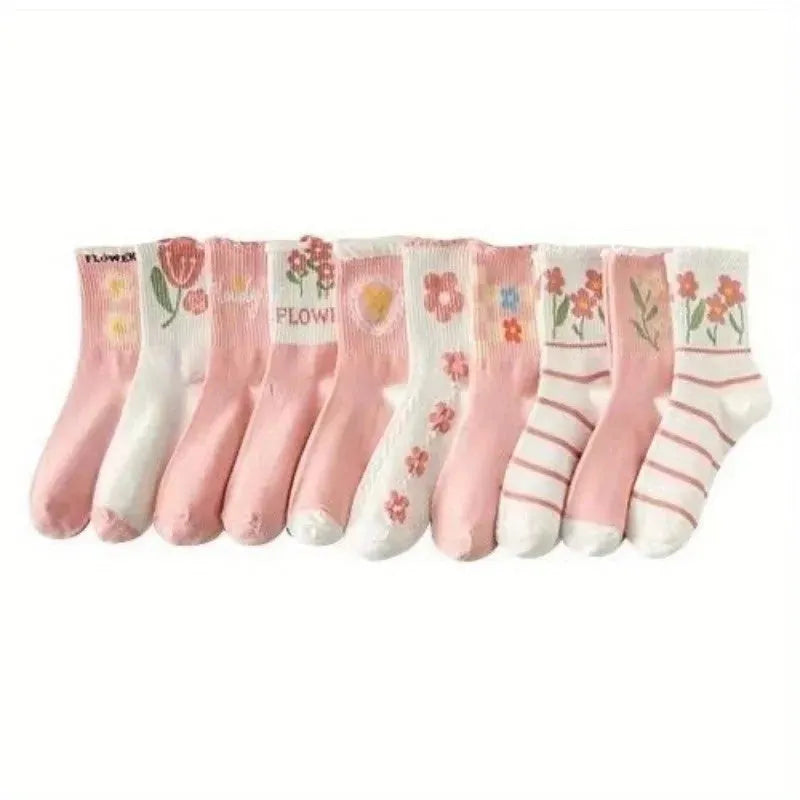 9 Pairs Floral Print Ruffled Socks Sweet Comfy Mid Tube Socks For Women's Four Seasons Wearing - KawaSocks