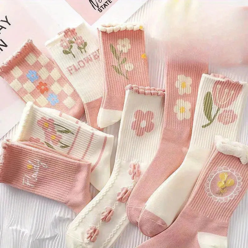 9 Pairs Floral Print Ruffled Socks Sweet Comfy Mid Tube Socks For Women's Four Seasons Wearing - KawaSocks