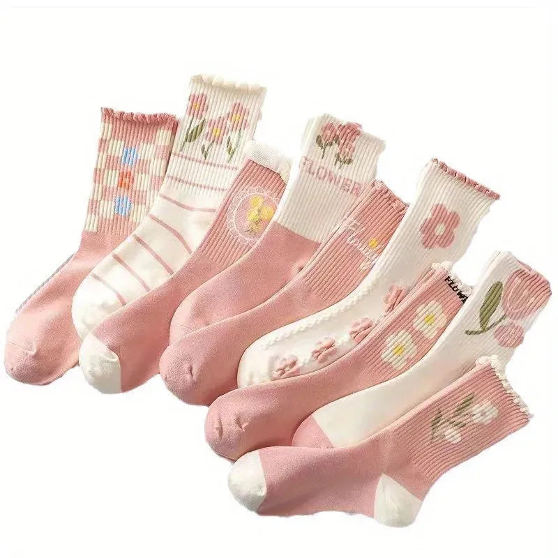 9 Pairs Floral Print Ruffled Socks Sweet Comfy Mid Tube Socks For Women's Four Seasons Wearing - KawaSocks