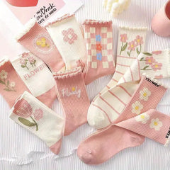 9 Pairs Floral Print Ruffled Socks Sweet Comfy Mid Tube Socks For Women's Four Seasons Wearing - KawaSocks