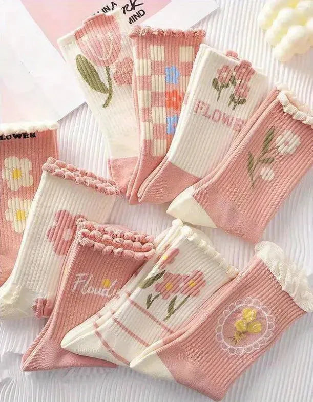 9 Pairs Floral Print Ruffled Socks Sweet Comfy Mid Tube Socks For Women's Four Seasons Wearing - KawaSocks