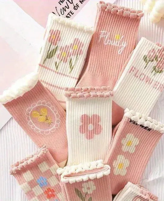 9 Pairs Floral Print Ruffled Socks Sweet Comfy Mid Tube Socks For Women's Four Seasons Wearing - KawaSocks